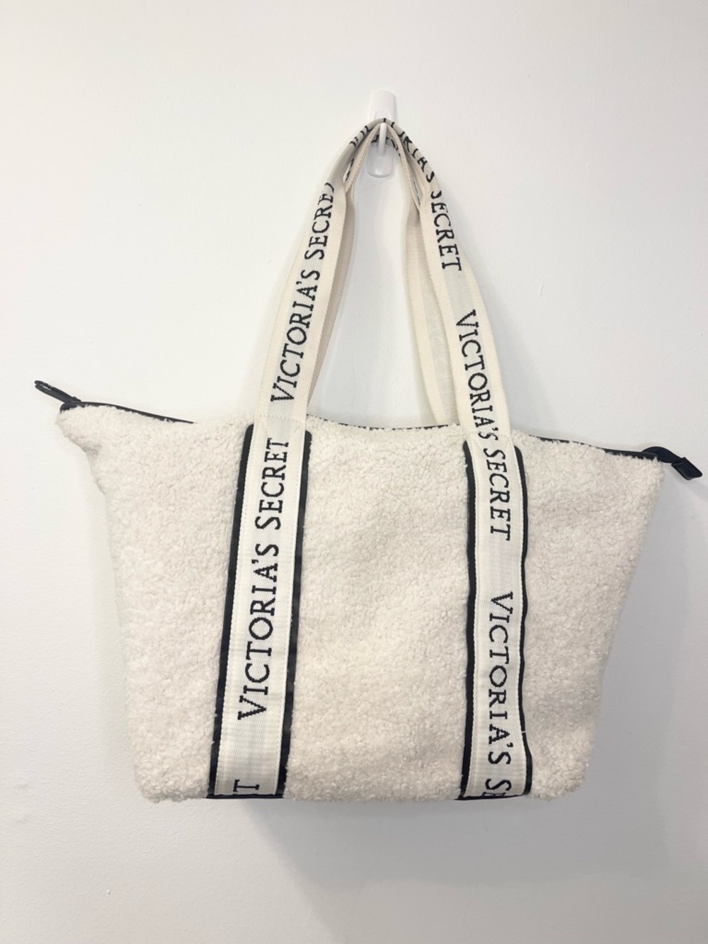 Victoria's Secret Cream Sherpa Tote with Logo Straps EUC No Callouts